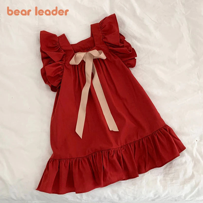 Bear Leader Summer Flying Sleeve Dress For Girls With Ruffle Back Bowknot A Line