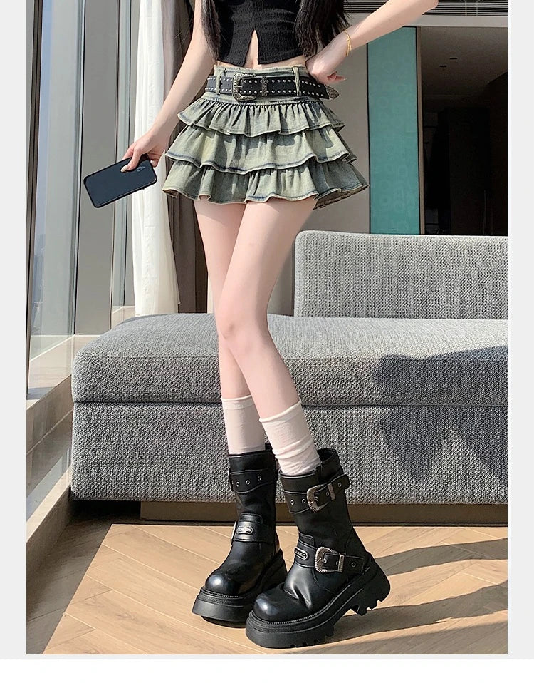Seoulish American Style Hot Girl Denim Skirt 2026 New Summer Stretch Cake Layer Pleated Skirt High Waist Jeans Mini Skirts Women