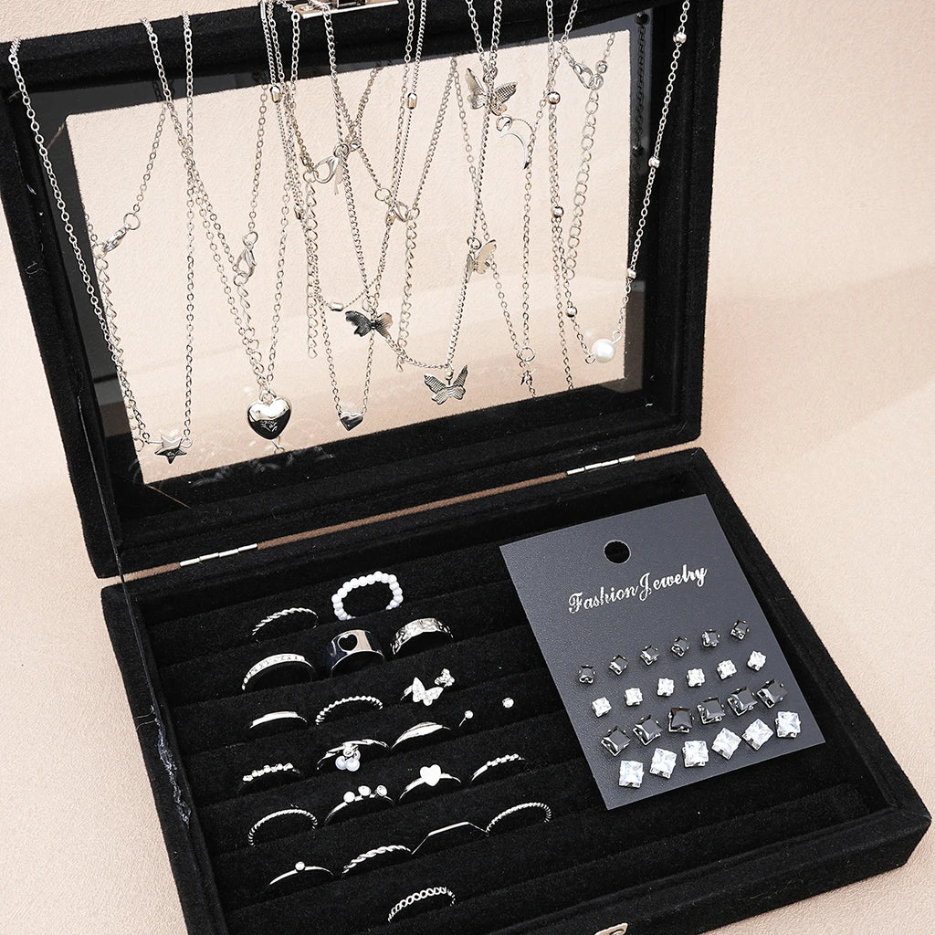 51 Pcs/Set Silver Color Chic Jewelry Set For Women'S Fashion Butterfly Heart Pearl Necklaces, Earrings, Rings, Match Daily Outfits