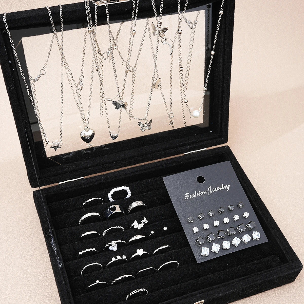 51 Pcs/Set Silver Color Chic Jewelry Set For Women'S Fashion Butterfly Heart Pearl Necklaces, Earrings, Rings, Match Daily Outfits