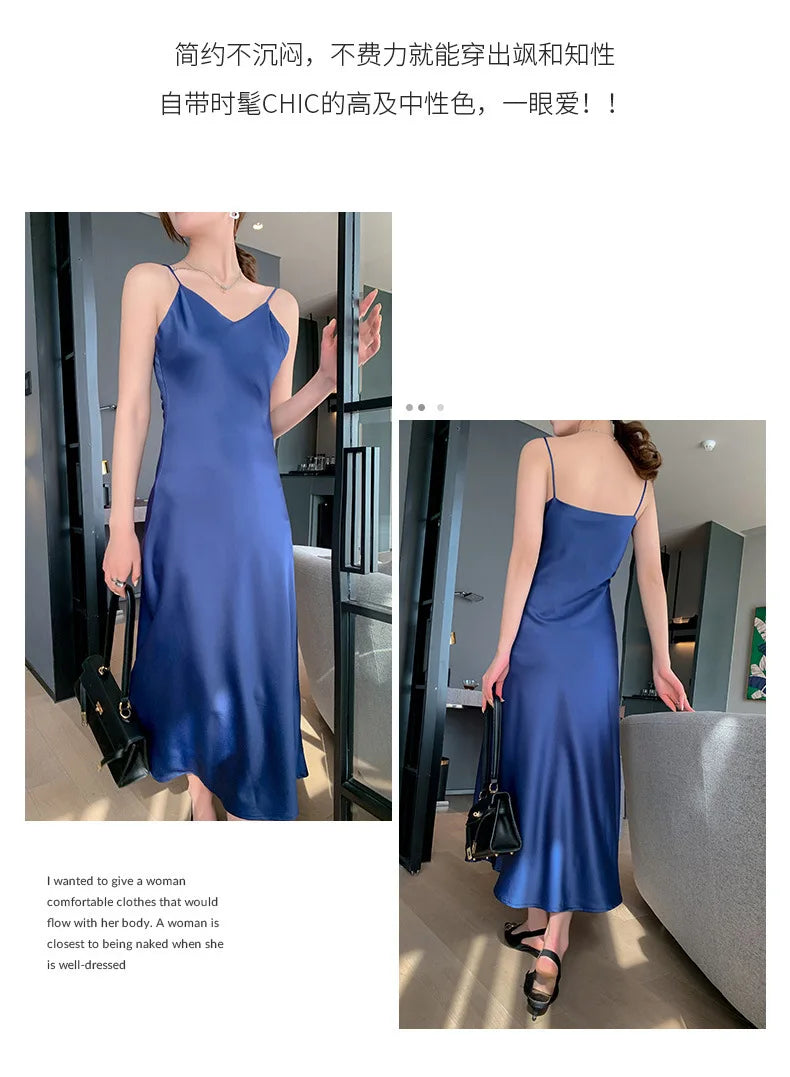 Sexy Solid Color Camisole Nightgown for Women Midi Length Sleeveless Slip Dress Inner Layer Base Dress Home Sleepwear Nightwear