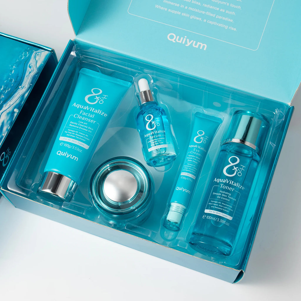 Quiyum 8X H2O AquaVitalize 5-Pcs Skincare Set Hydrating Daily Facial Care Kit Cleanser Toner Serum Eye Cream for All Skin