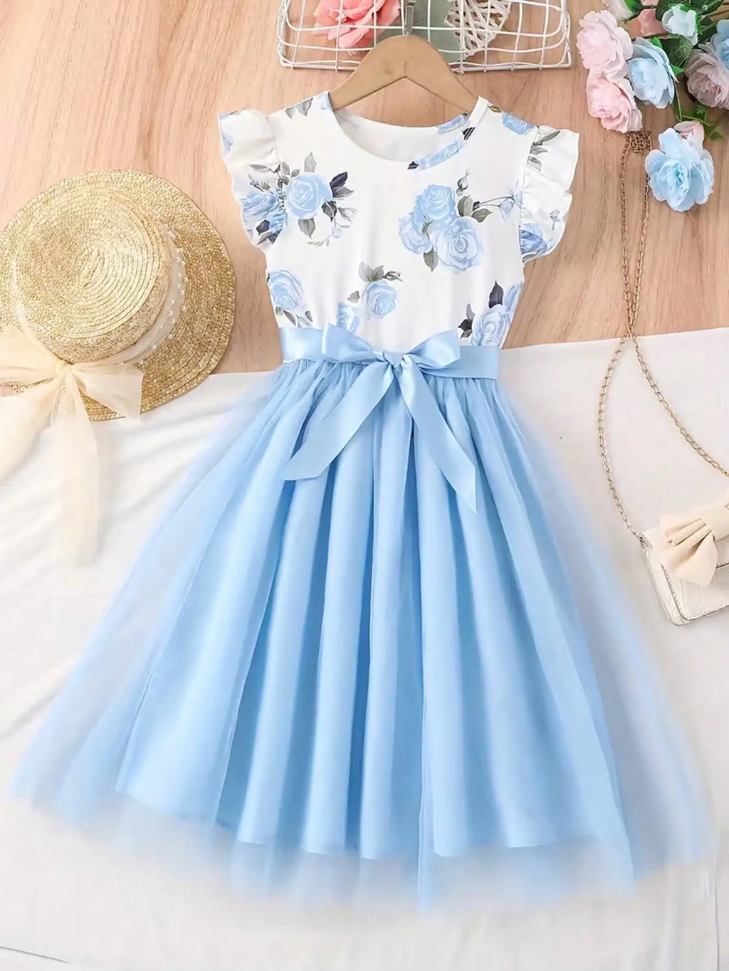 Summer 2026 Children's & Women's Cute Plush Dress with Small Flying Sleeves Round Neck Print Design New Collection
