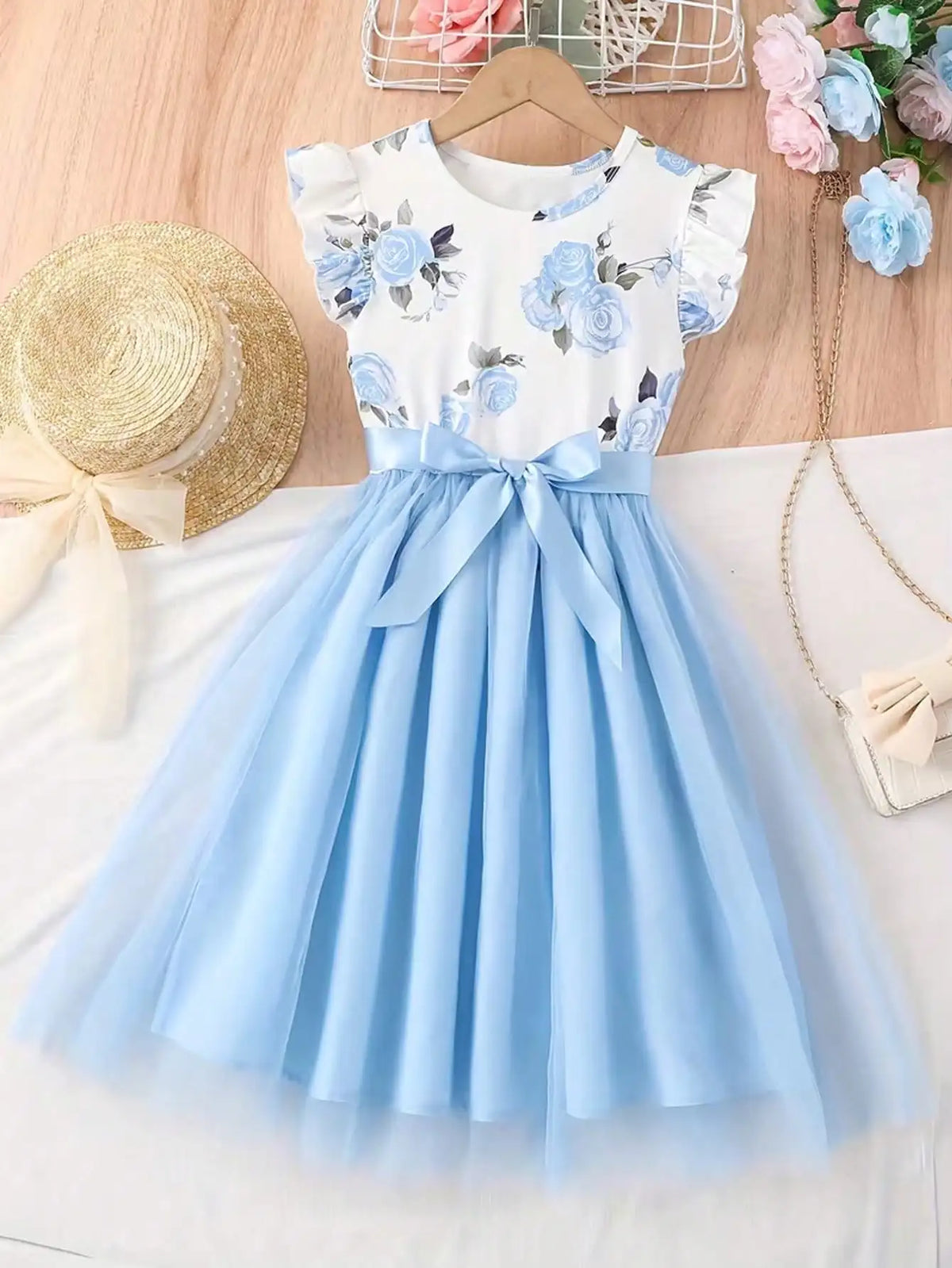 Summer 2026 Children's & Women's Cute Plush Dress with Small Flying Sleeves Round Neck Print Design New Collection