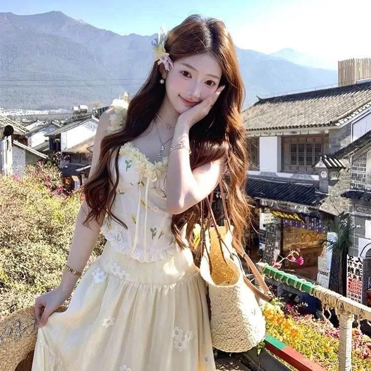 New Style Wood Grain Ruffle Splice Belted Waist Design Top Half Skirt Two Piece Set Polyester Blend Summer Casual Outfit for ...