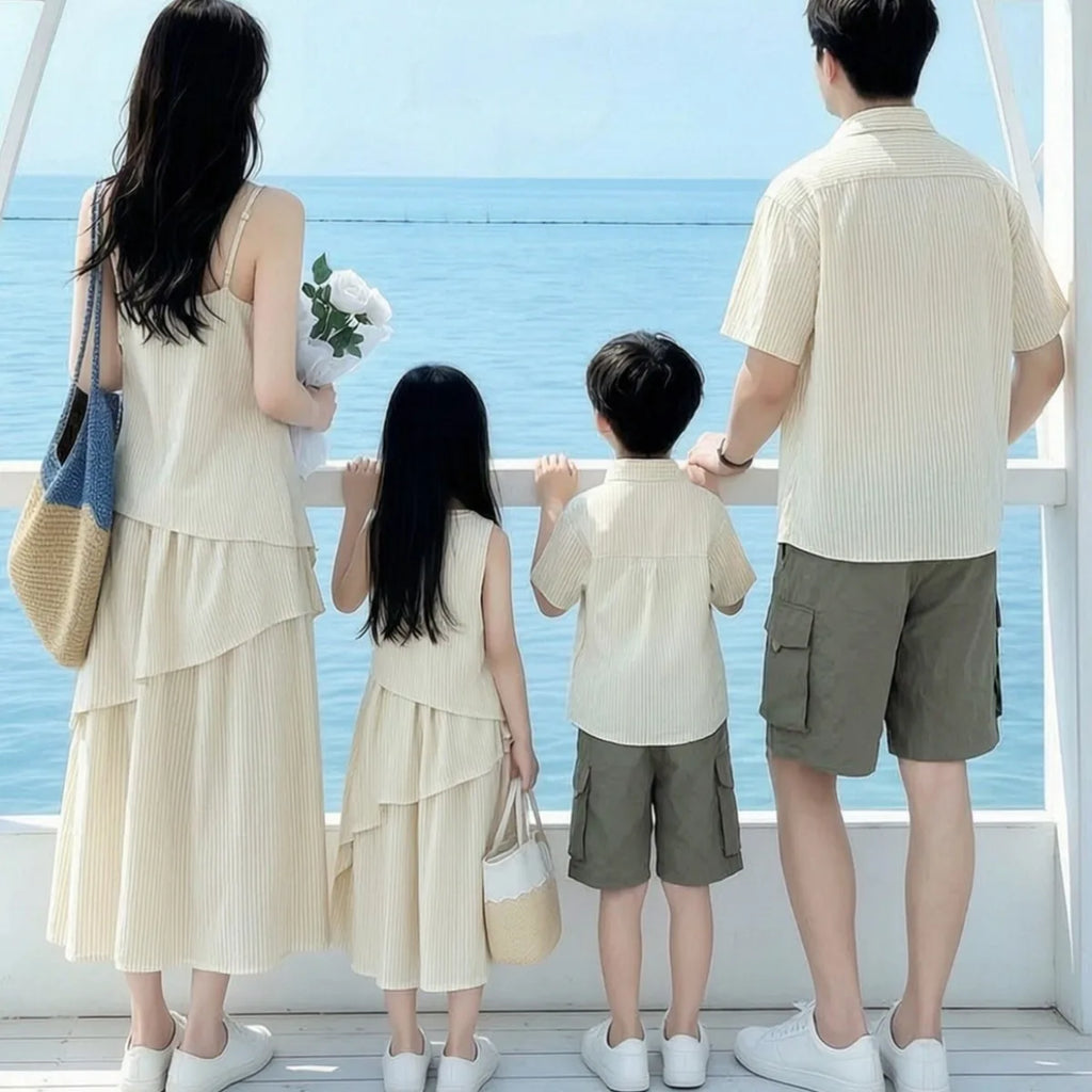Mommy and Me Clothes Striped Print Family Matching Outfits Holiday Look Button Shirt Ruffles Dress Casual Clothing Set Beachwear