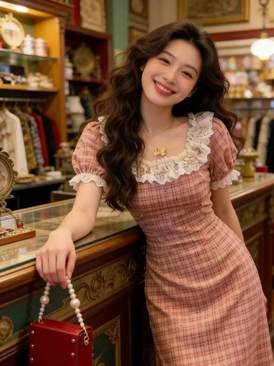 Pink Lace Bubble Sleeve Dress Women's Summer Gentle Style Ultra Beautiful Plaid Slimming Long Dress High Waist A-Line Skirt