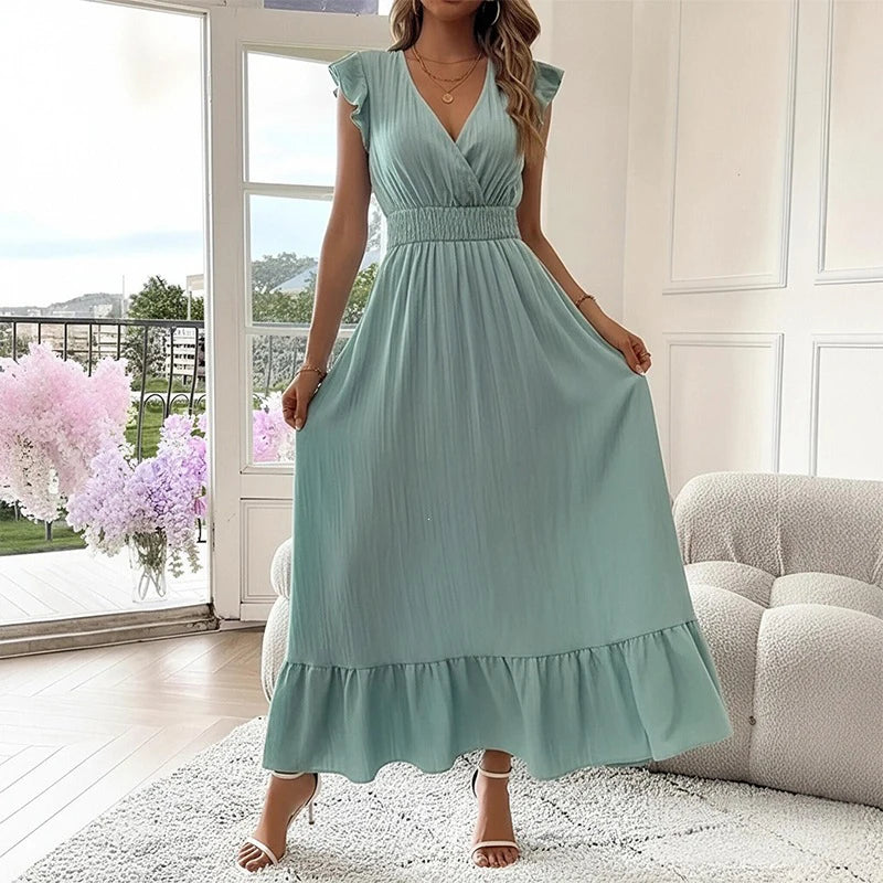 Women's Fashionable Elegant and Casual Long Ruffled Sleeves and Elegant Commuting V-neck Solid Color Pleated Splicing Slim Dress