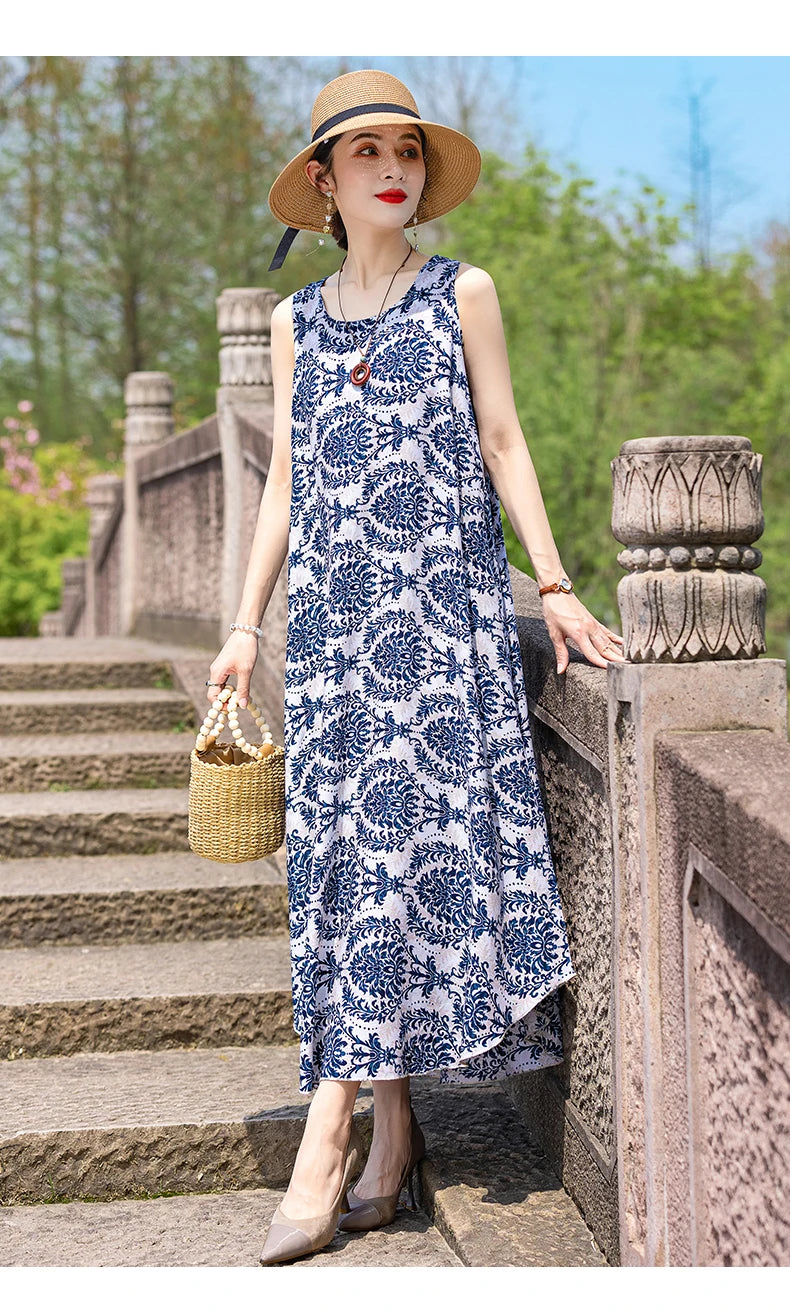 New Women Summer Dresses Vintage Dress FashionRobe Plus Size Sleeveless Femme Casual Print Dresses
