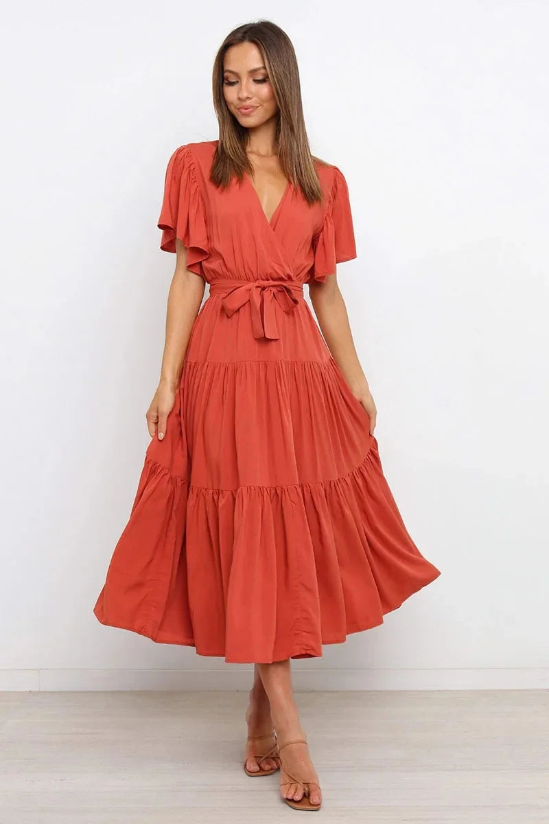 Summer Bohemian Long Dress Pure Color V-Neck Short Sleeve Empire Waist Design Floor Length with Belt Loose Fit Women's Dress