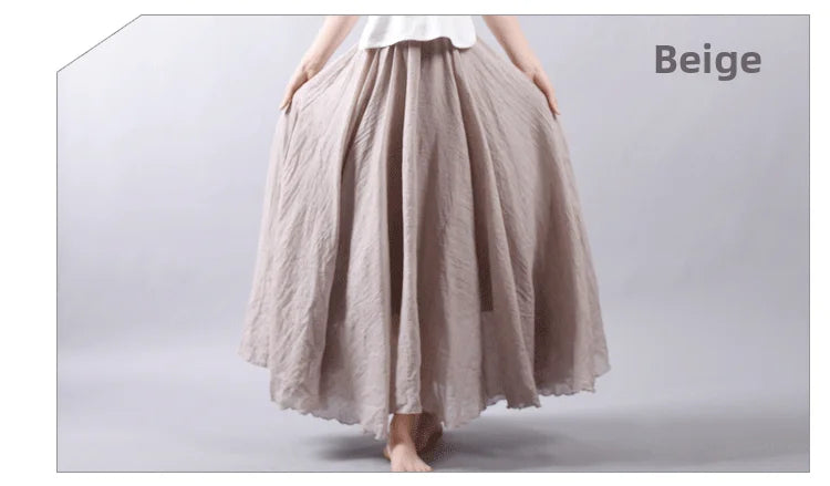 New In 2026 Spring Summer Woman Cotton Linen Midi Skirt Solid Color Loose Flared Pleated A-line Skirt Female Sweet Elegant Skirt