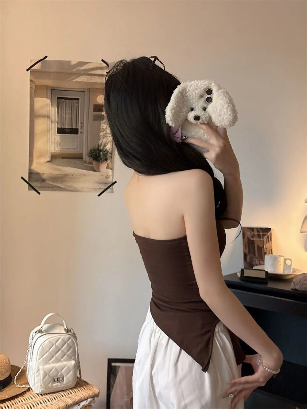 Sexy Slimming Red One-Shoulder Tube Top Women's Summer Fitted Hollow out Chest Pad Korean Style Thin T-Shirt Vest