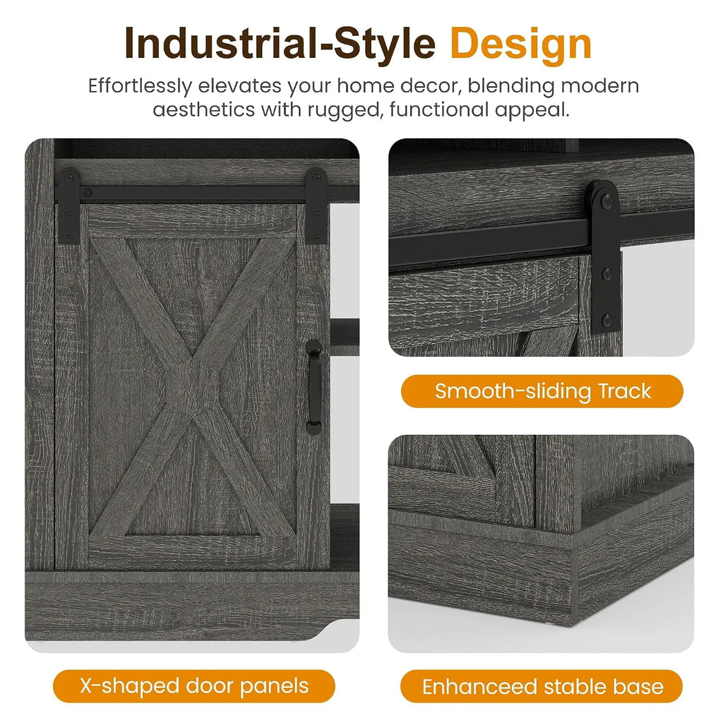 Farmhouse TV Stand for 23" Fireplace, 65" TV Console, 34" Tall Rustic Sliding Barn Door, Dark Grey, Customized
