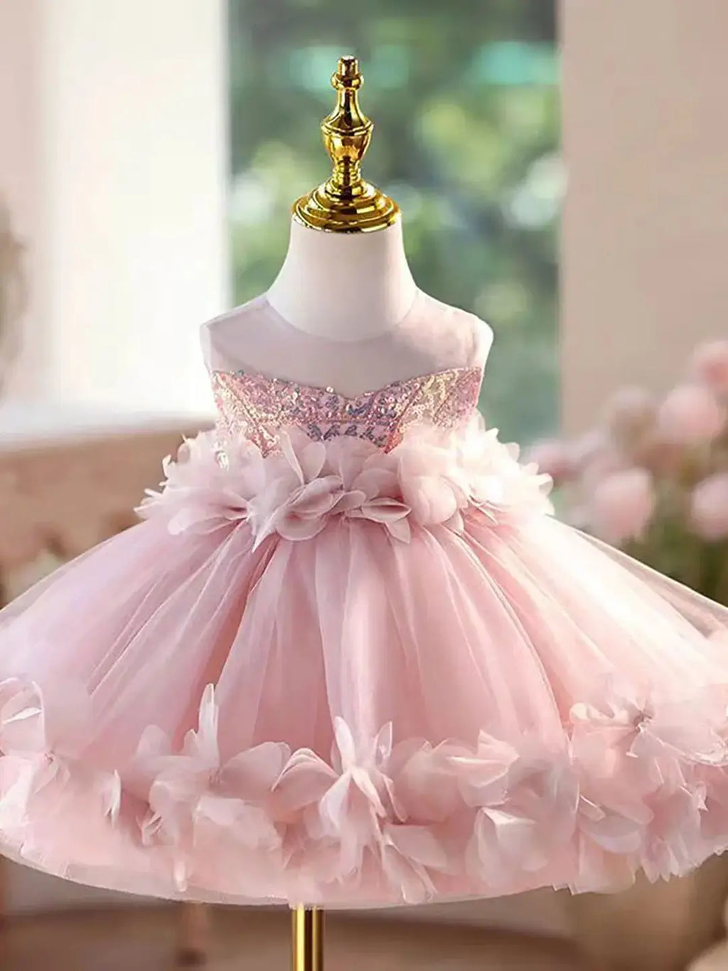 Dreamy Vow D094 Sleeveless Floral Pink Girls Dress Sequined Tulle Children Celebration Party Spring and Summer Mini Prom Dress