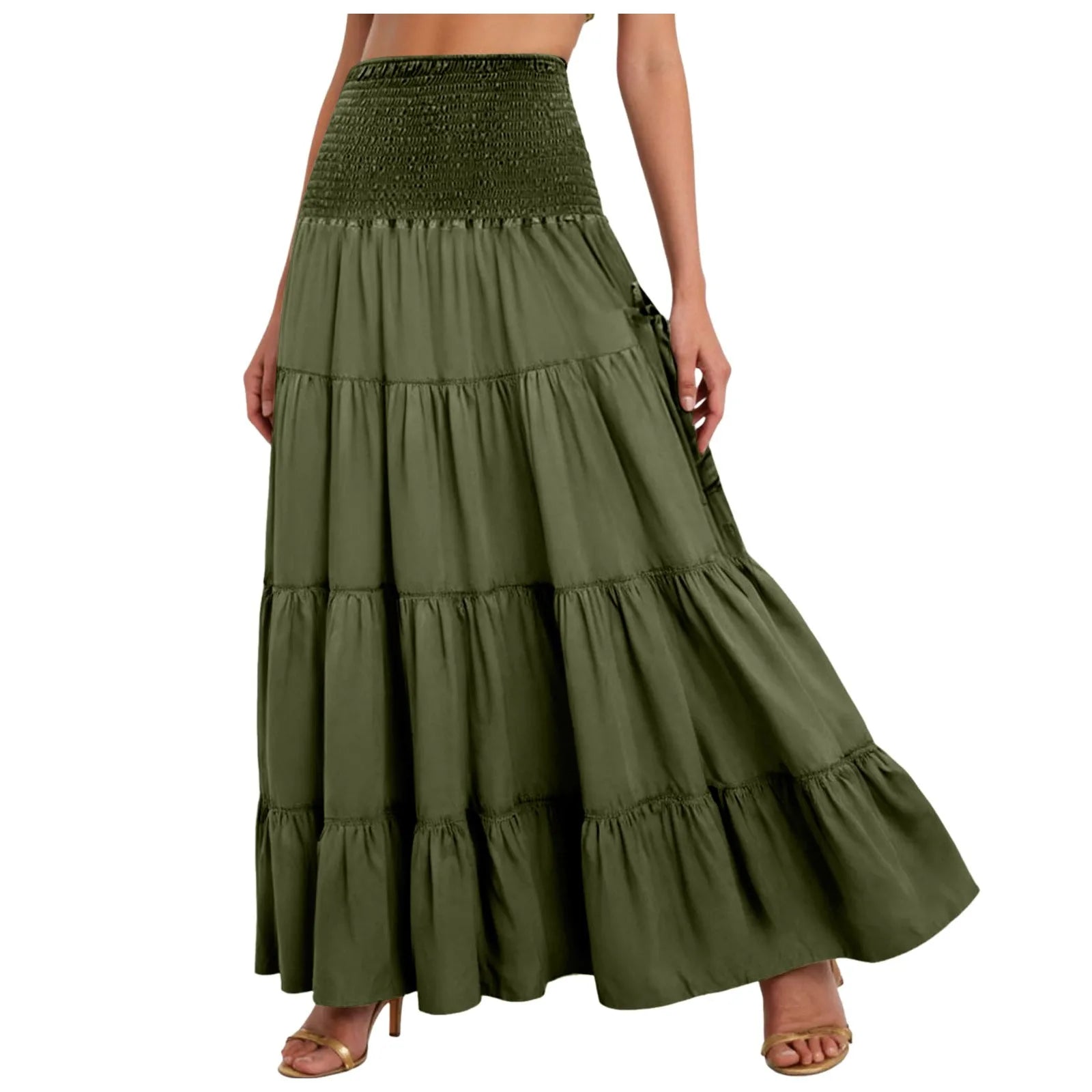 Boho Tiered A-Line Skirt Women Forest Fairy Pockets Patchwork Long Dress Elastic Waist Vintage Hippie Gypsy Maxi Skirt 스커트
