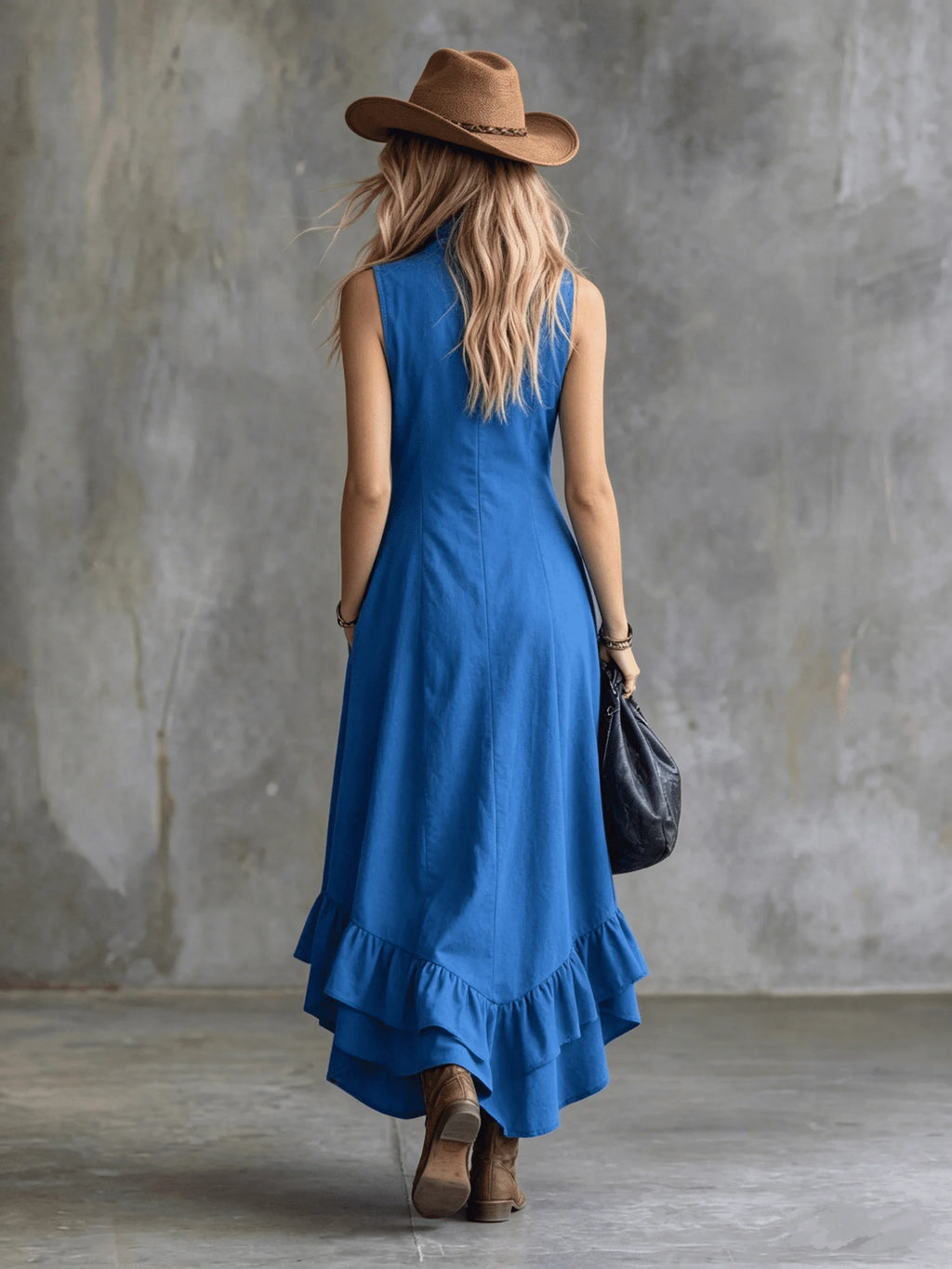 Women's Sleeveless Half Zip Maxi Dress Stand Collar High Low Ruffle Hem A-Line Long Dress with Pockets