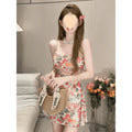 Retro American Vacation Style Floral Print Halter Dress Women's Summer Sweet Spicy Waist Cinching Skirt Elegant Fashionable S...