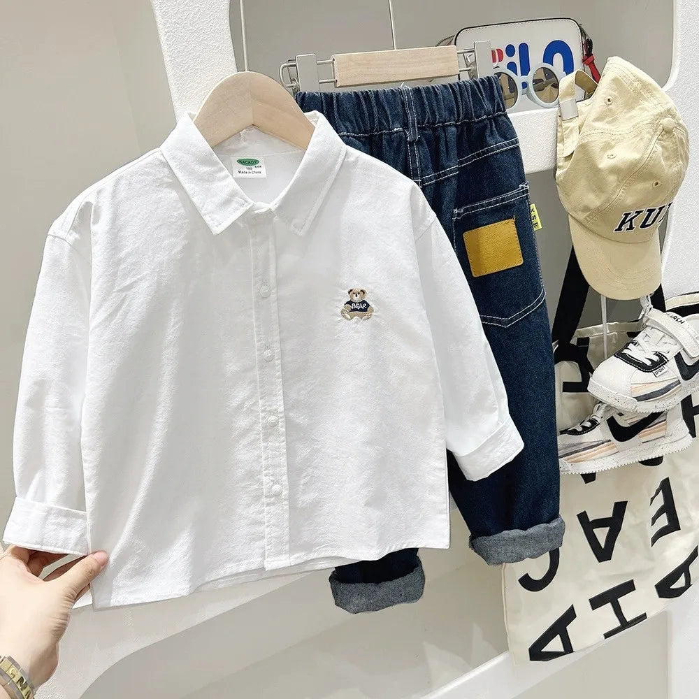 Children's Autumn Long Sleeve Shirt 2025 New Style Boys' Oxford Spinning Thin Coat Middle and Large Children's Casual Cartoon Sh