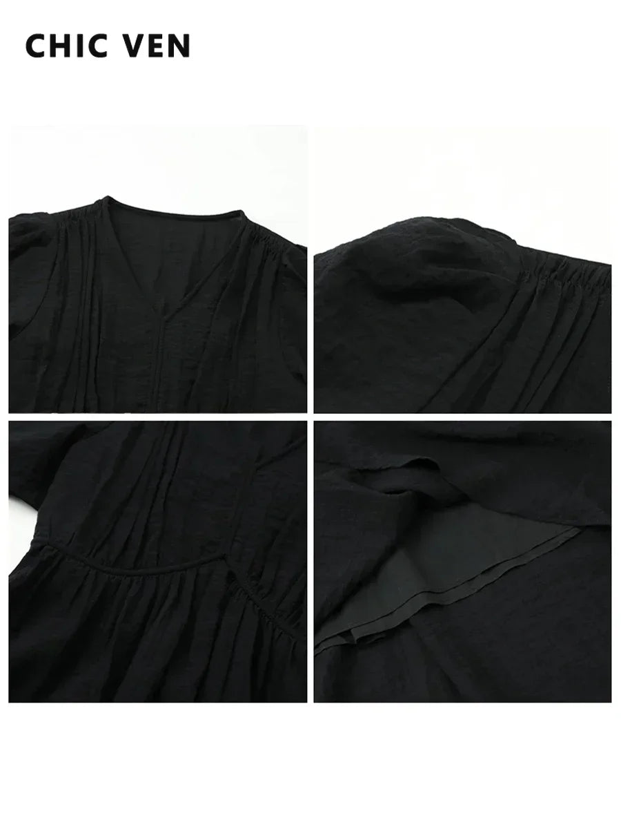 Chic Ven Womens Dress French Style Vintage V Neck Puff Sleeve Long Black Loose Fit For Women Summer
