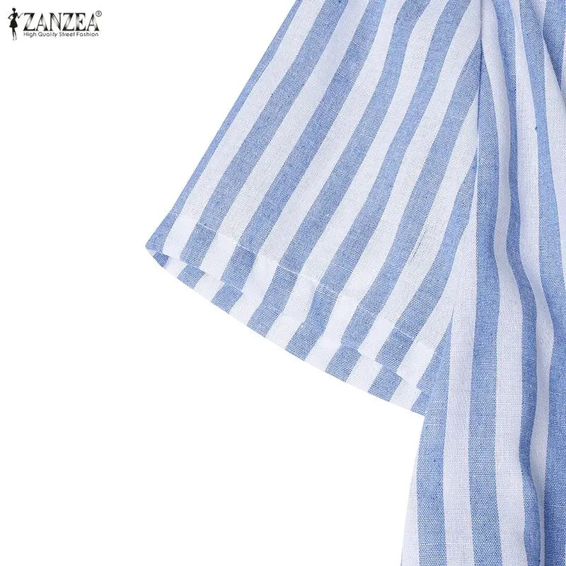 Summer Casual Short Sleeve Striped Midi Dress Women Turn-Down Collar Ruffled Hem Dresses ZANZEA Everyday Wear A-Line Vestidos