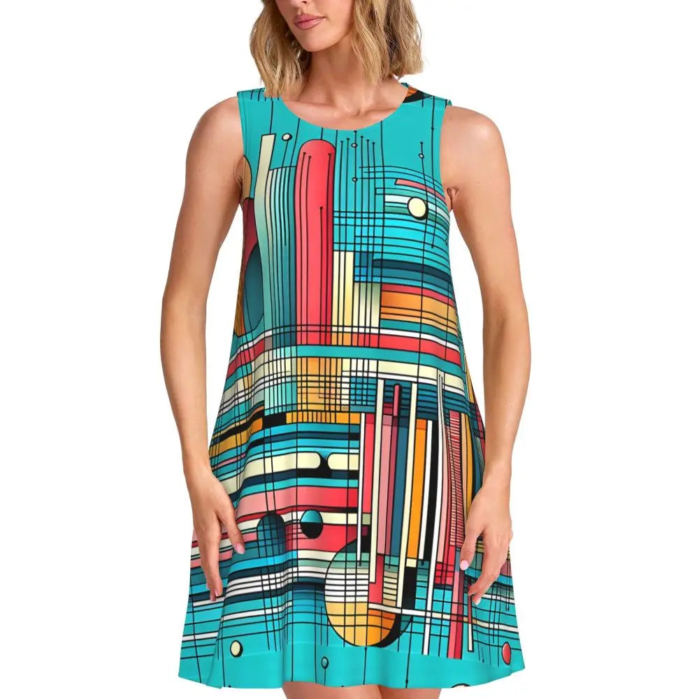 80s Color Block Print Dress Modern Dresses Female Sleeveless Street Fashion Tank Dress Day Print Oversized Vestidos