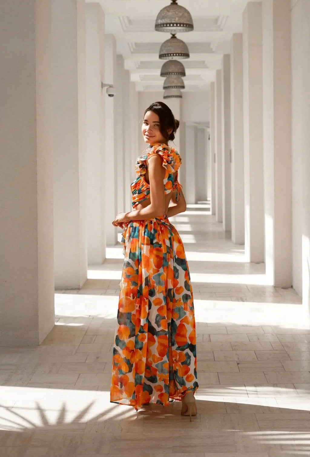 Floral Dress Women Spring Summer Deep V Neck Ruffle Hem Hollow Out Backless Maxi Dresses Bohemian Beach Sundress Outfit