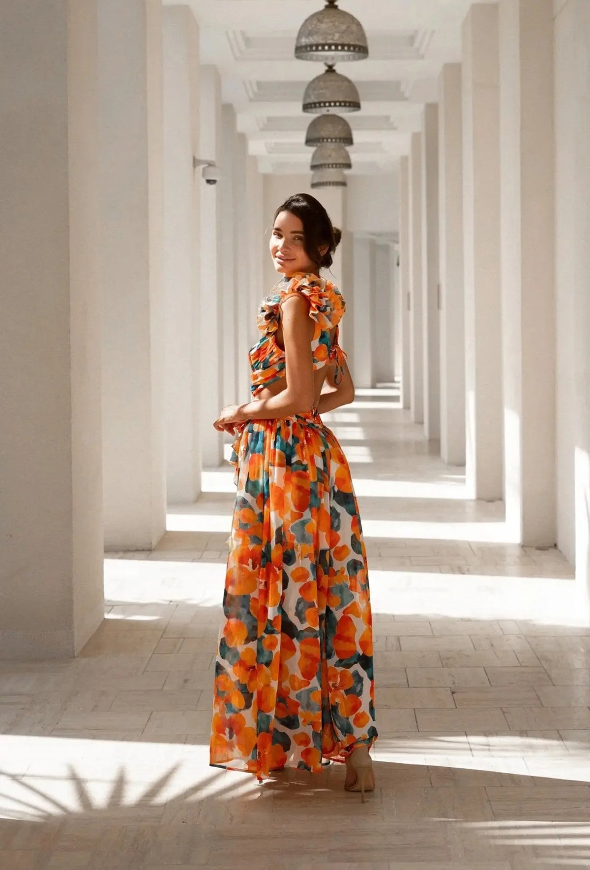 Floral Dress Women Spring Summer Deep V Neck Ruffle Hem Hollow Out Backless Maxi Dresses Bohemian Beach Sundress Outfit