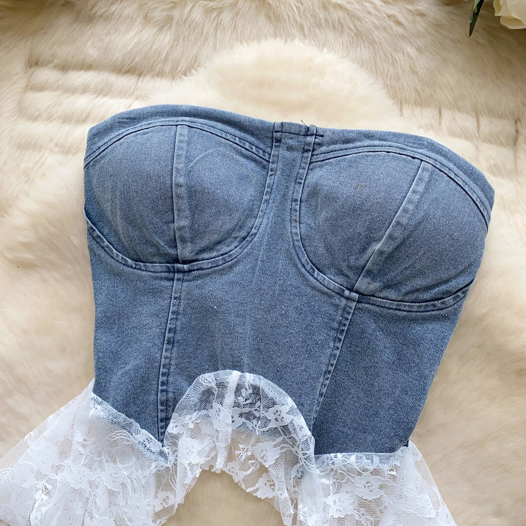 Sexy Spliced lace Chic Crop Top Korean Tanks Top Women Women Corset Bustier  women clothing