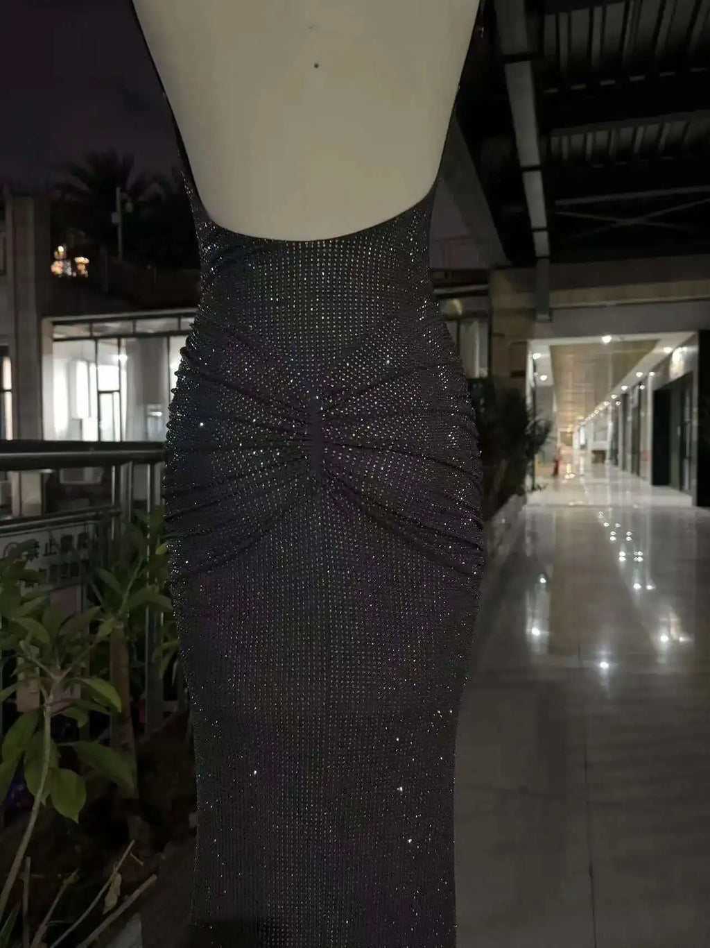 Deat Fashion Gray Hot Drilling Spaghetti Strap Dress Women'S'S Slim Fit Backless Folds Split Floor-Length Dresses New Tide 7Ab8510