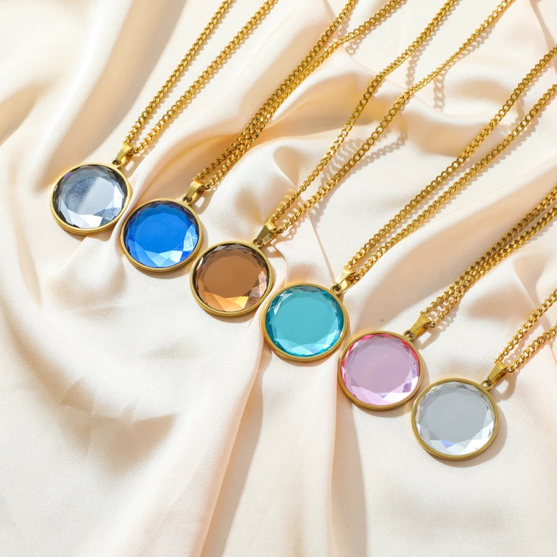 Eilieck 316L Stainless Steel Round Colored Crystal Pendant Necklace For Women'S New Trend Choker Clavicle Chain Jewelry