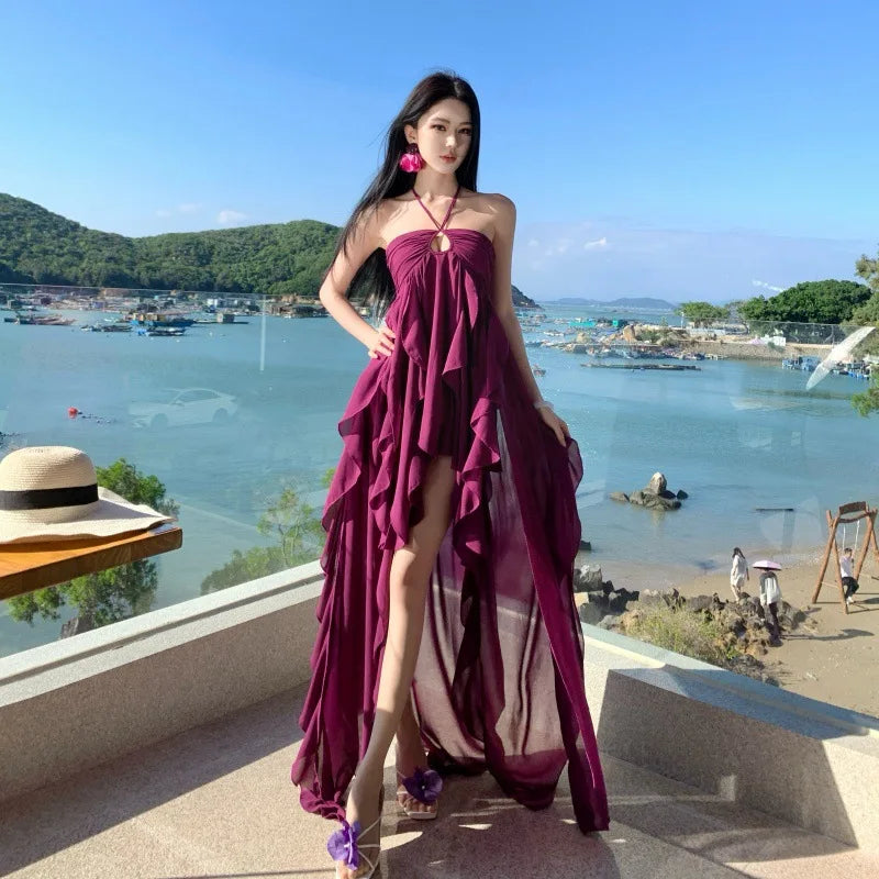 Purple Beach Vacation Photography Dress Women's Sleeveless Gown Luxury Design Sensation Halter Neck Chiffon Long Skirt