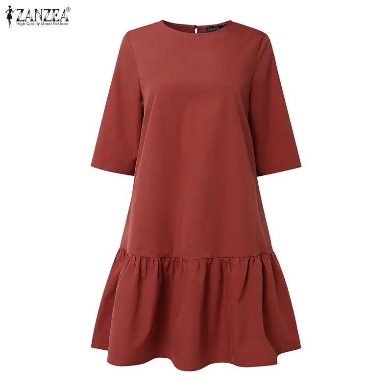 ZANZEA Women's Casual Ruffled Hem Dress O-Neck Half Sleeve A-Line Dress 2026 Summer Daily Solid Color Loose Robes Femme