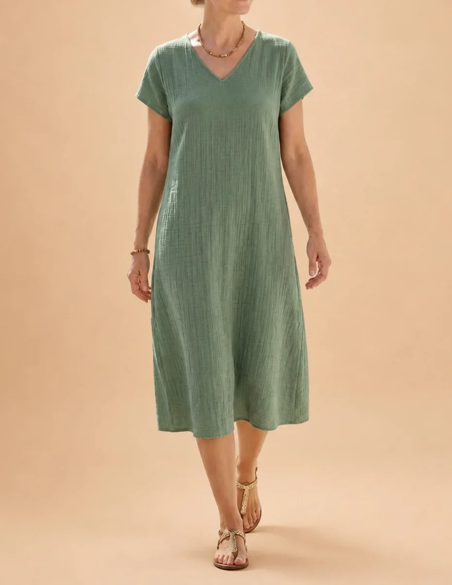 Casual Loose Polyester Crepe Dress V-Neck Short Sleeve Midi A-Line Skirt Women's Fashion Comfortable Leisure Cross-Border Style