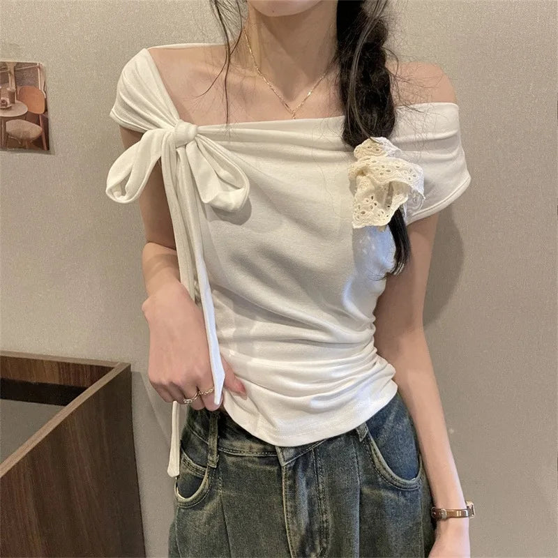 Sexy Spice Girl Shoulder Short Tshirt Women's Strap Slit Cleanfit Style Ladies' T-shirt Linen Fabric A-line Sleeve Other Mate...