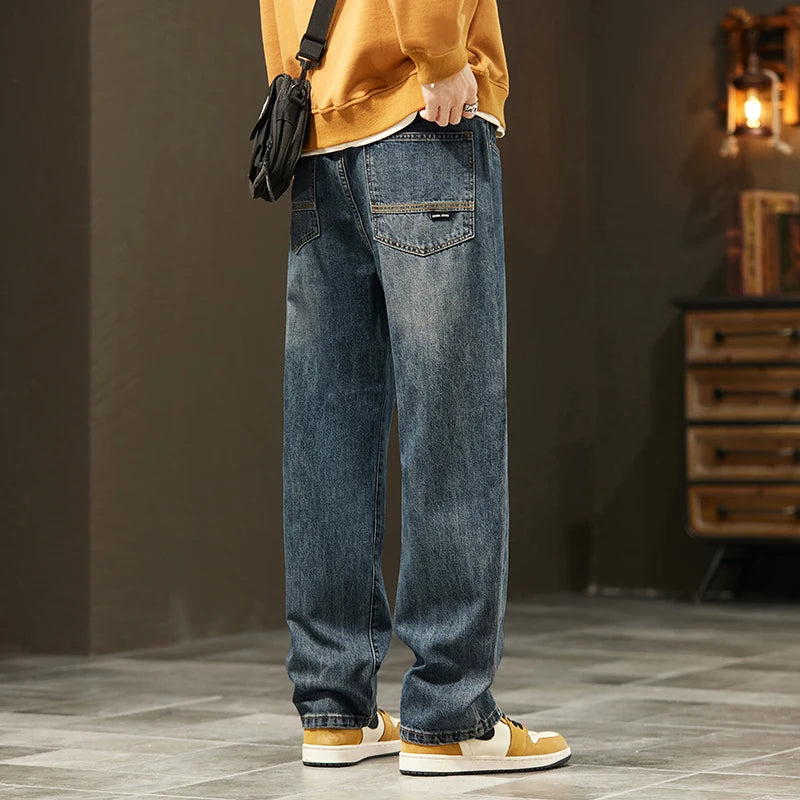 Winter Jeans Warm Fleece Thick Men's Wide Legs Denim Pants Fashion Loose Straight Retro Plush Velvet Casual Trousers Streetwear