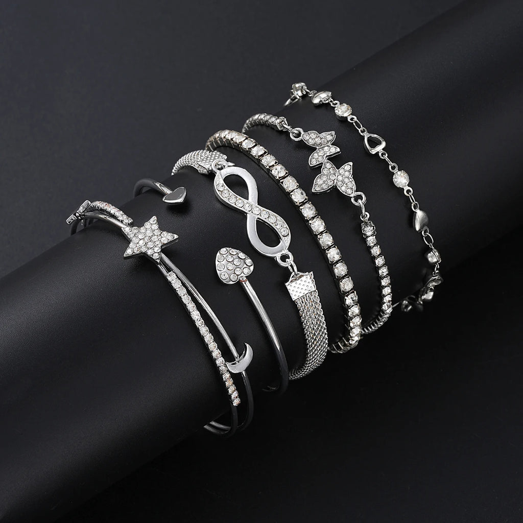 Elegant Sparkling Rhinestone Bracelets Set for Women Butterfly Heart Infinity Star Designs Open Bracelet Daily Wear Jewelry Gift