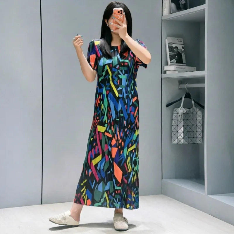 Miyake Pleated Dresses 2026 Summer New Fashion Printed Round Neck Short Sleeve Elegant Women's Draped Elastic Wrinkle-Free Dress