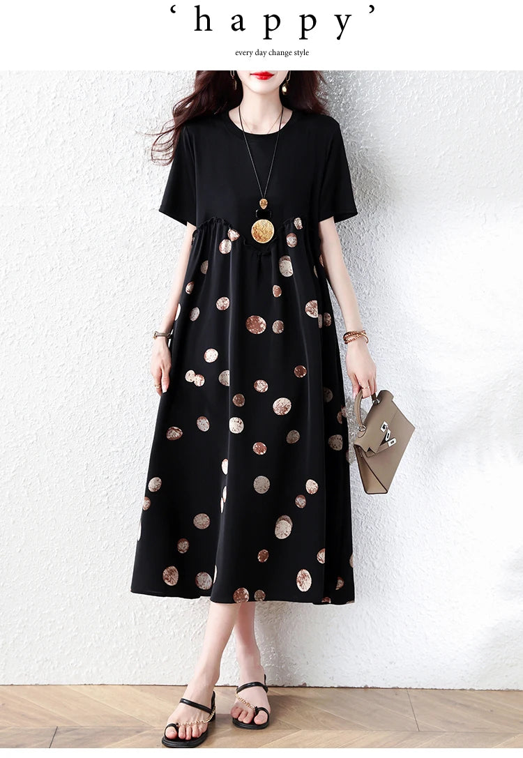 Summer New plus Size Polka Dot Dress Color Block Loose Fitting Slimming Effect Casual Commute Style Women's Dress
