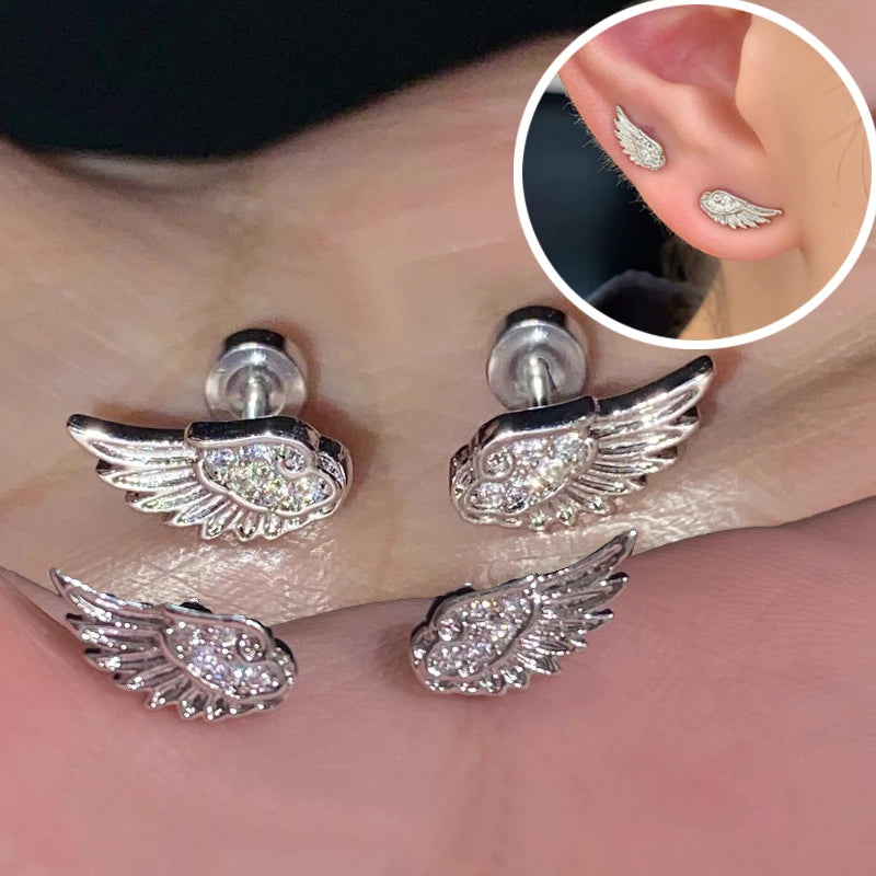 Creative Angel Wings Earrings Stud For Women'S Luxury Zircon Shiny Crystal Cross Silver Color Earrings Studs Fashion Jewelry Gifts