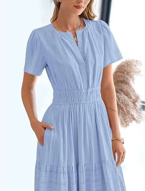 Summer Solid Color V-neck Tight Waist Dress French Style Elegant Pleated Large Swing Long Dress Casual Vacation Style Slimming M