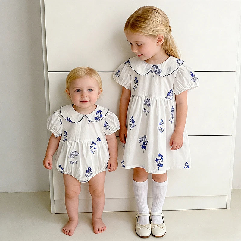 Summer New Style 2-6Y Girl Dress Korean Embroidered Short Sleeve Baby Clothes Children's Dress Girls Retro Sister Dress