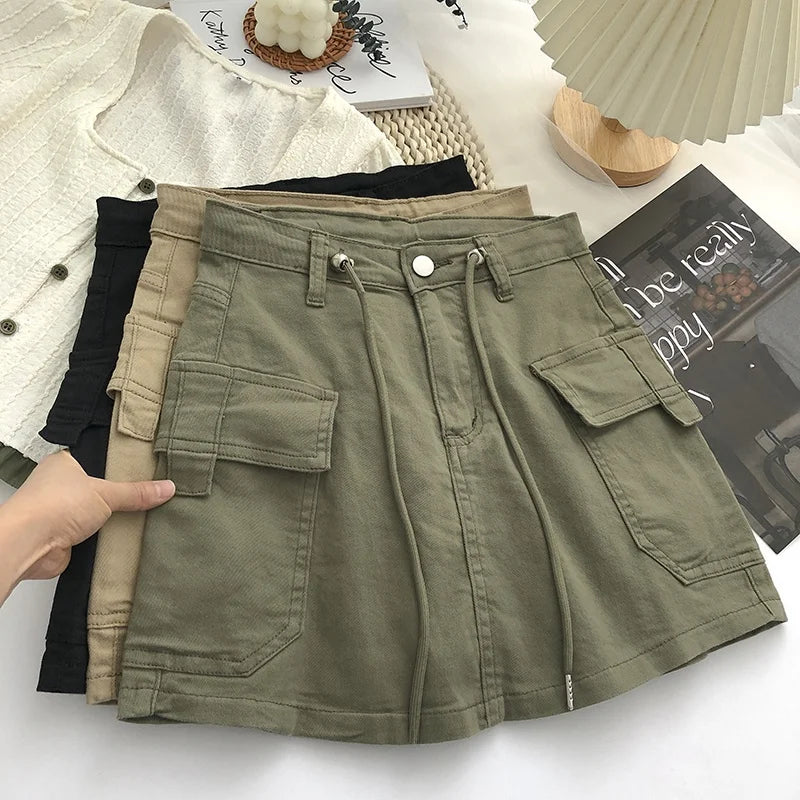 Retro High Waist Denim  Skirt Women's Spring Summer Autumn Casual Drawstring Anti-Light Short Skirt Polyester Fiber