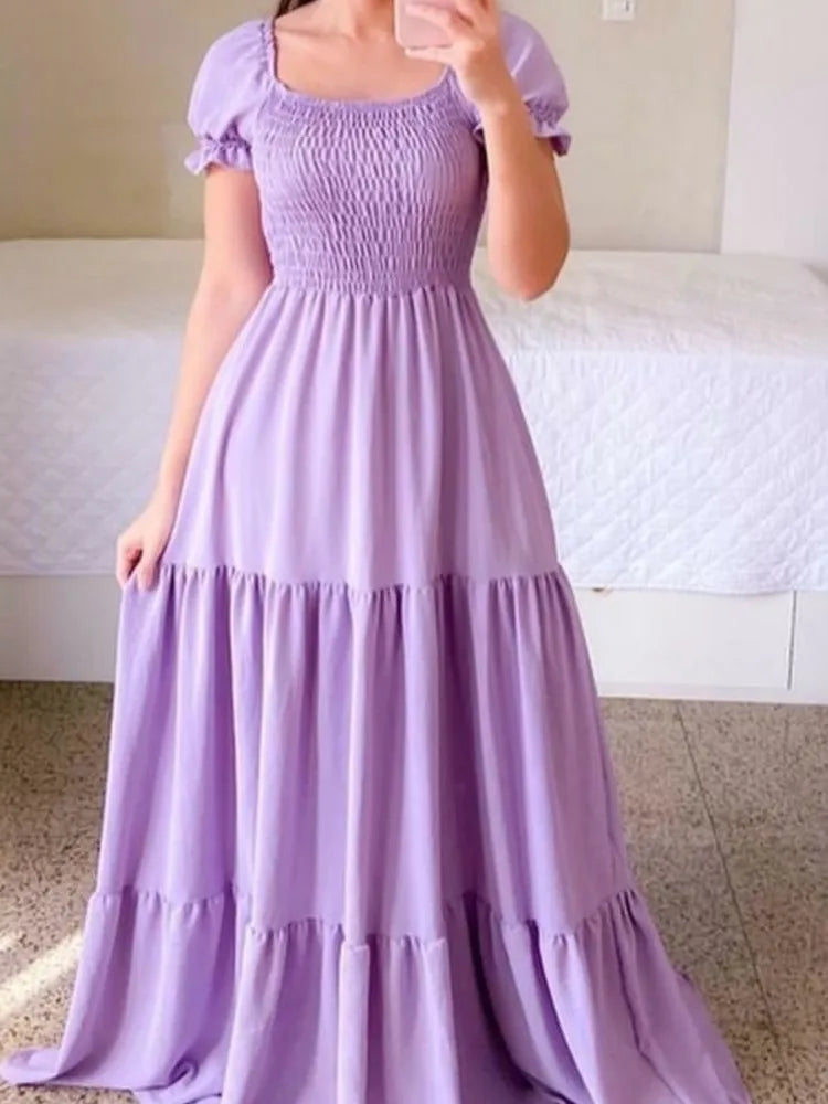 New Women's Boho Floral Dress Spring Summer European American Women's Clothing Off-shoulder Fragrant Long Solid Color Dress