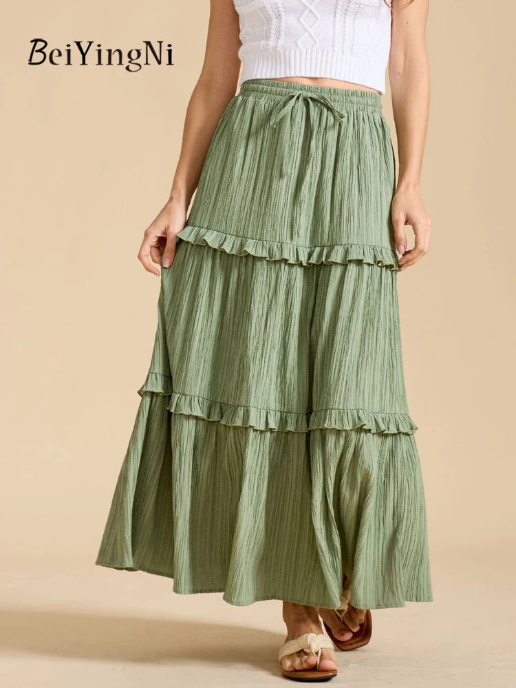 Beiyingni 2025 New In Women's Skirt Pure Color Leisure Fashionable Lace-up A-line Long Maxi Skirts Female Simple Slim Faldas