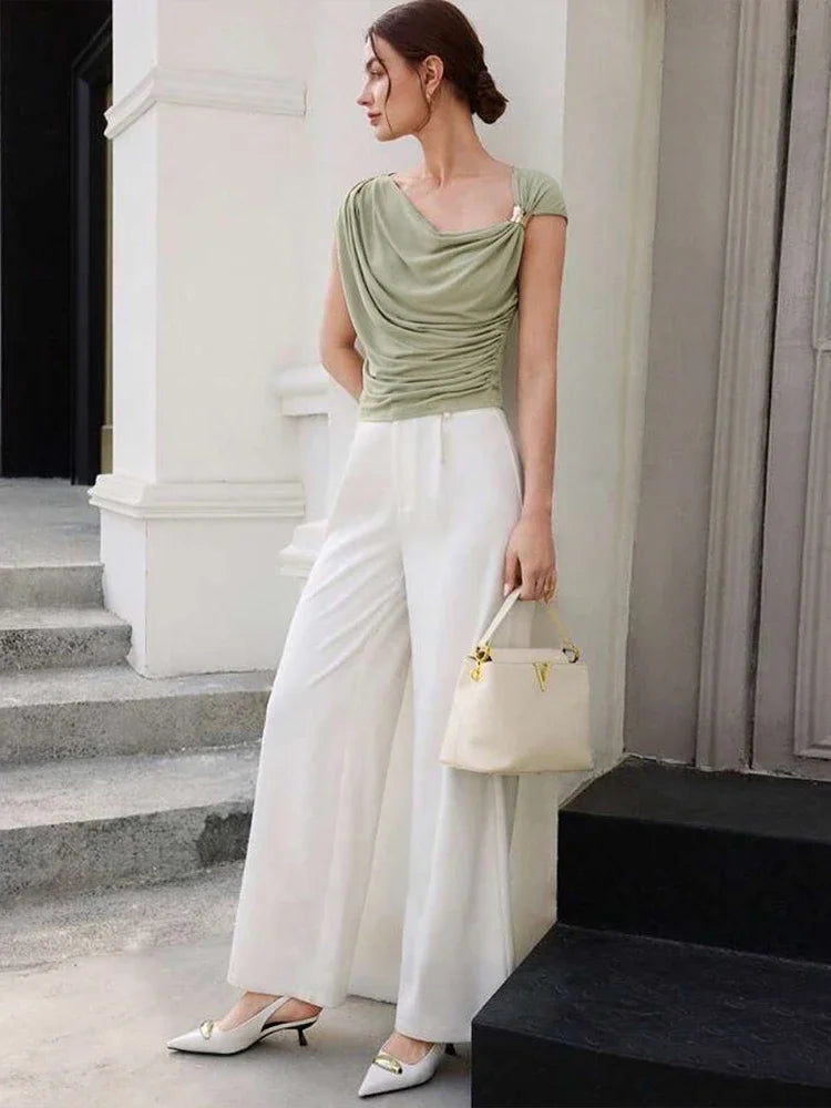 Irregular Metal Knots Tops Women Sexy Pleated Skinny High Stretch Solid Daily Casual Simple Streetwear Basic Tees