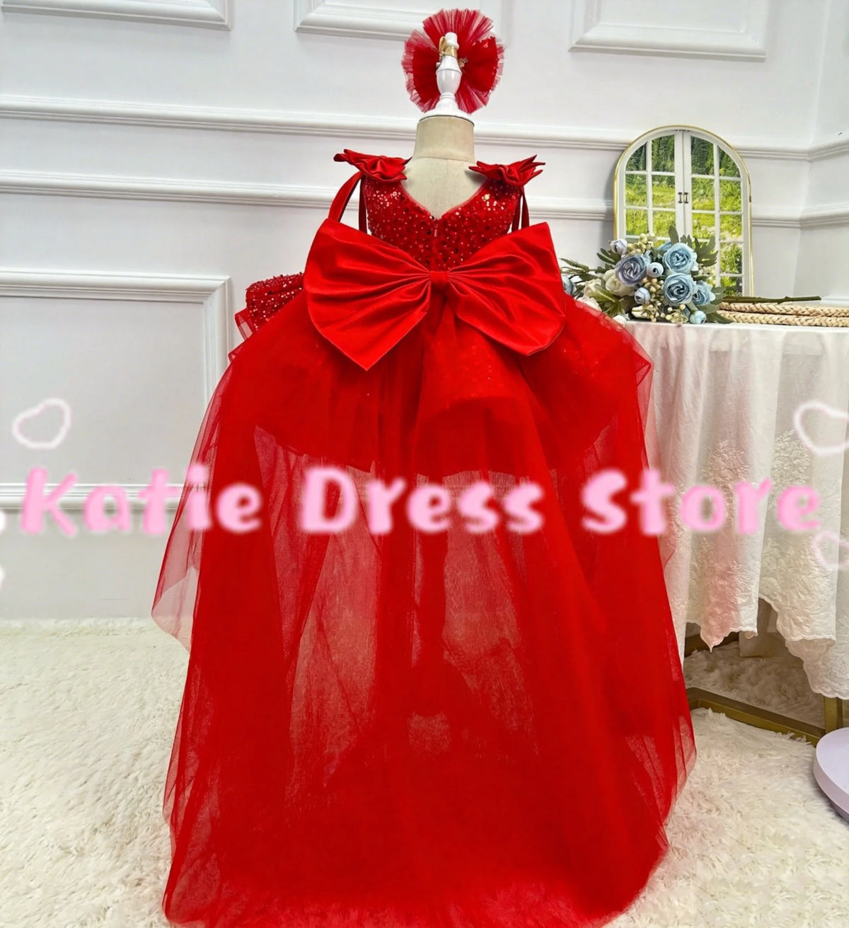 Customized Shiny Flower Girl Dress For Wedding Tulle WIth Bow Puffy Sequins Puffy Kids Birthday Party First Communion Ball Gowns