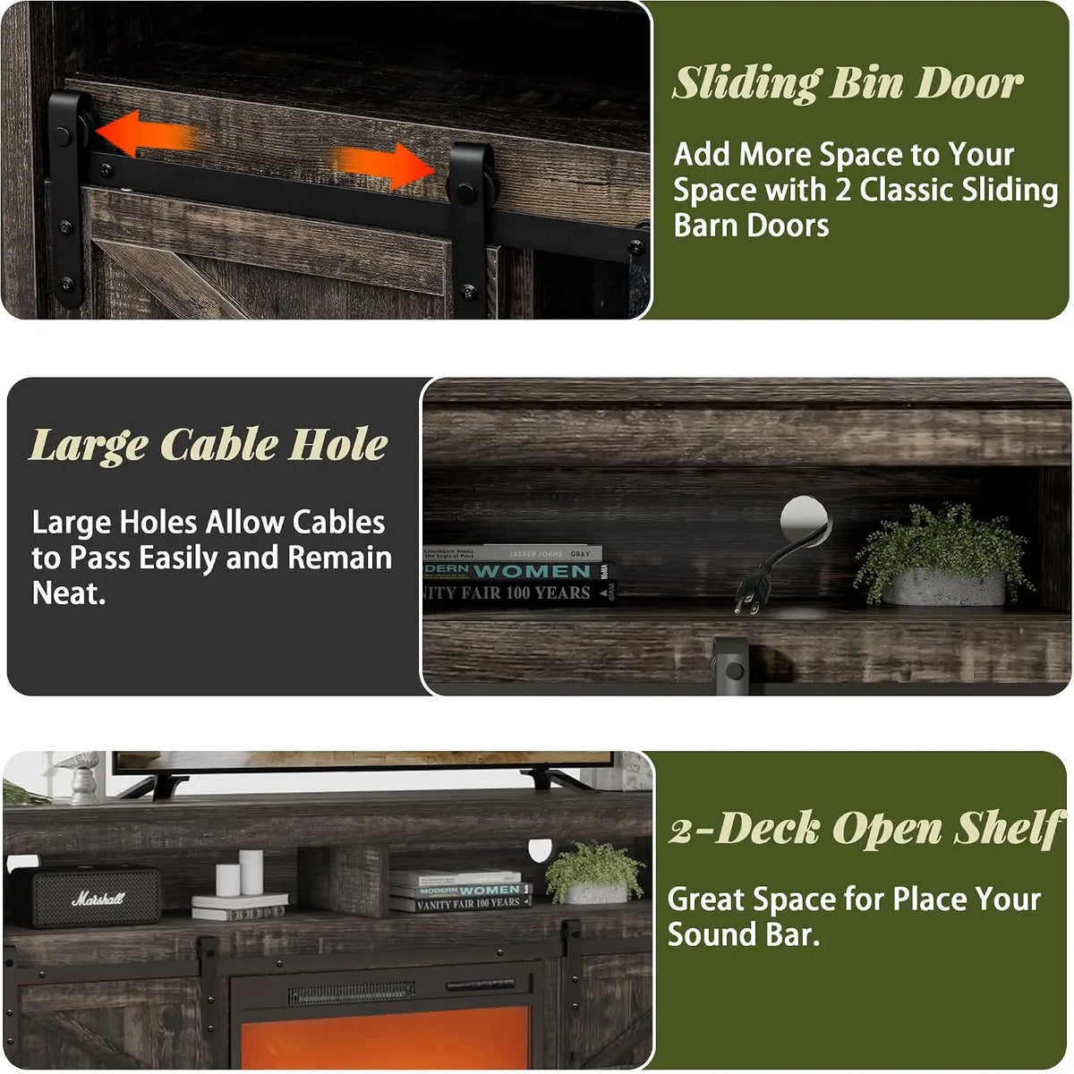 58" Farmhouse TV Stand Fireplace & Sliding Barn Door, Rustic Media Console 2 Shelves Living Room, Dark Oak, Customized