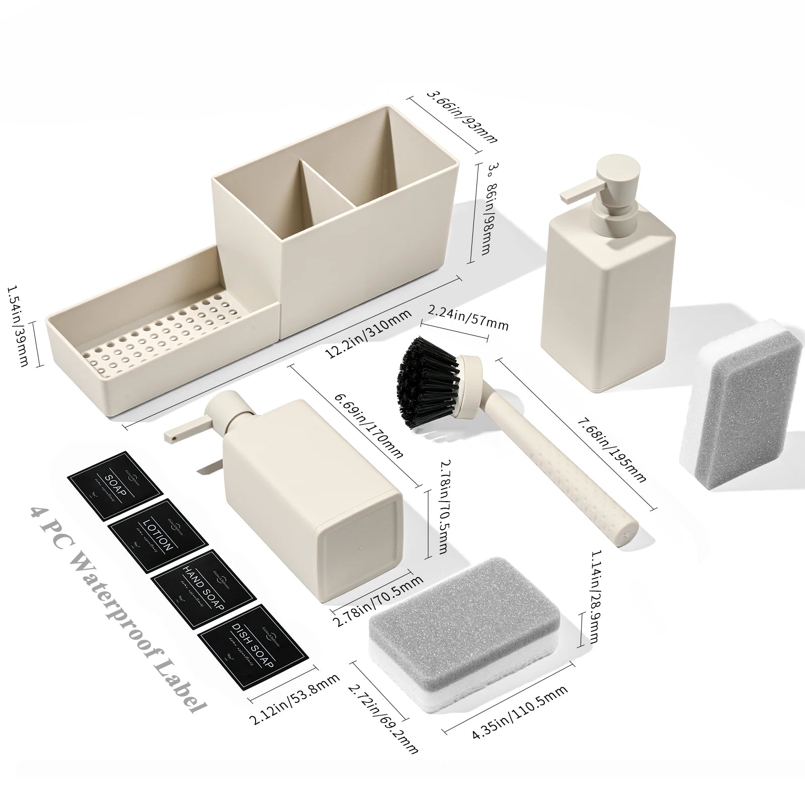 Juego de dispensador de jabón de cocina con soporte para esponja y cepillo para fregadero, dispensadores de jabón de manos y jabón lavavajillas, negro 4 en 1