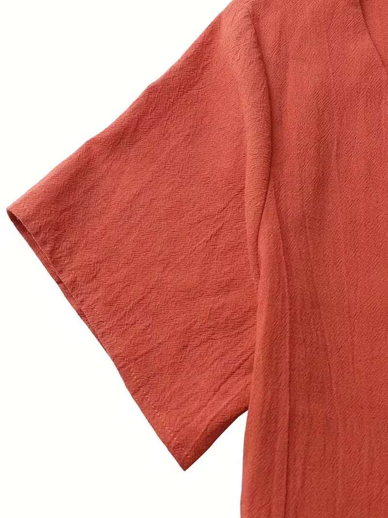Independent Station Loose Solid Color V-neck Cotton and Linen Women's Dress