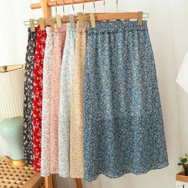Women's Korean Style Floral Chiffon Midi Skirt – High Waist Loose A-Line Summer Skirt